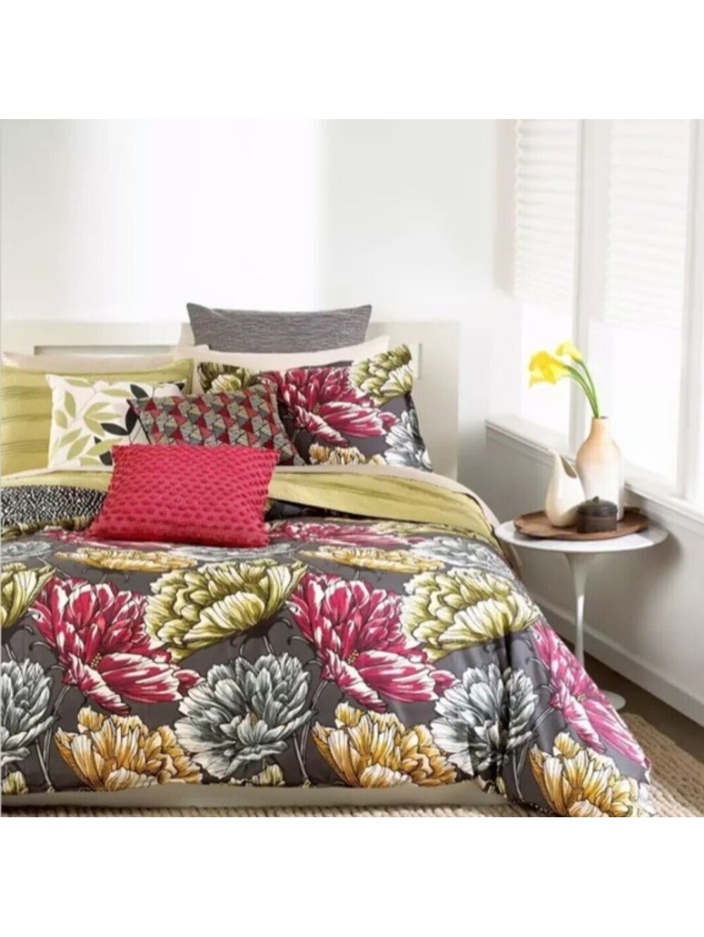 Lyla King Duvet Cover Set Reversible Floral Geometric Black White + 3 Shams